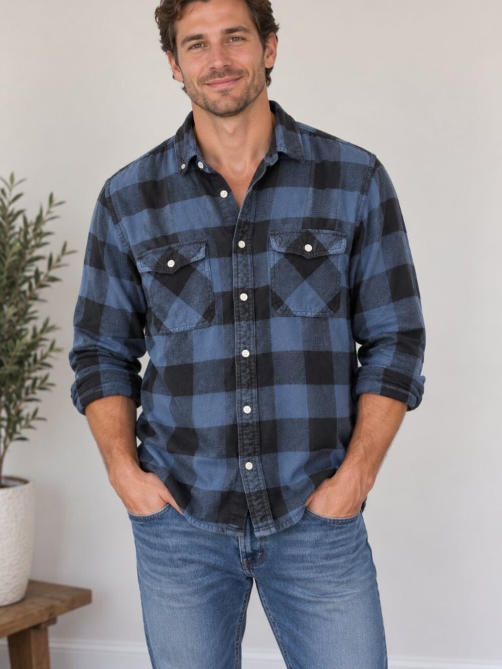 Everlane Blue and Black Plaid Button-Down Shirt